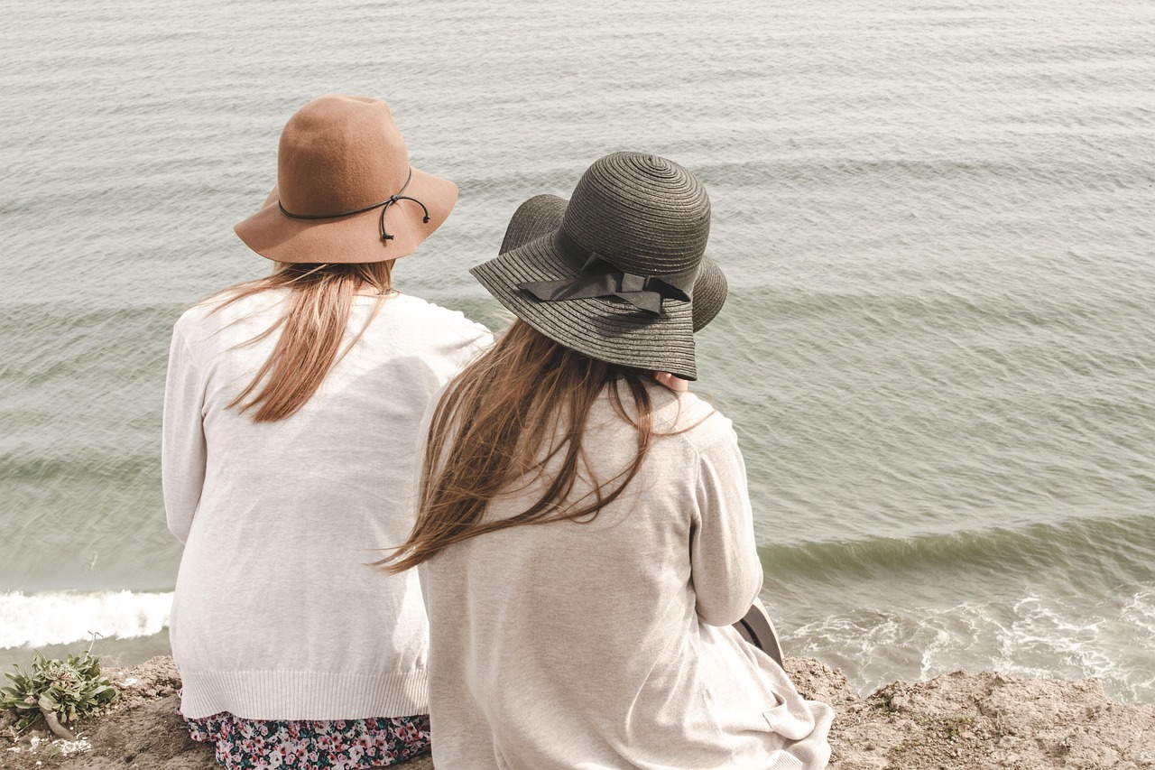 beach, hats, women, pair, couple, fashion, style, stylish, backs, young women, shore, seashore, friendship, girl friends, ocean, outdoors, people, sand, sea, water, nature, friends